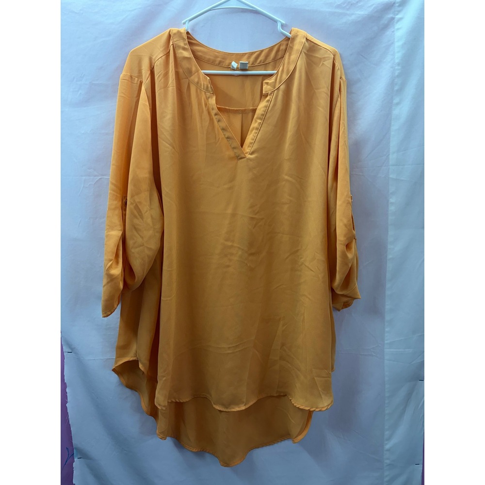 Cato Womens 22/24W Peach Roll Tab Sleeve V-Neck High Low Blouse Top